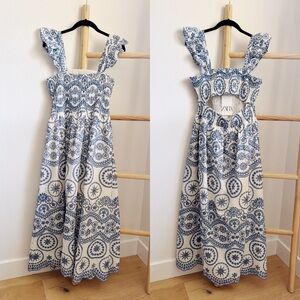 NWT Zara Blue & White Openwork Embroidery Cutout Dress